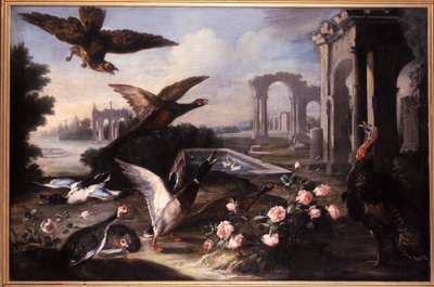 Imaginary Landscape with Ruins, Hawks, Turkeys and Ducks by German School